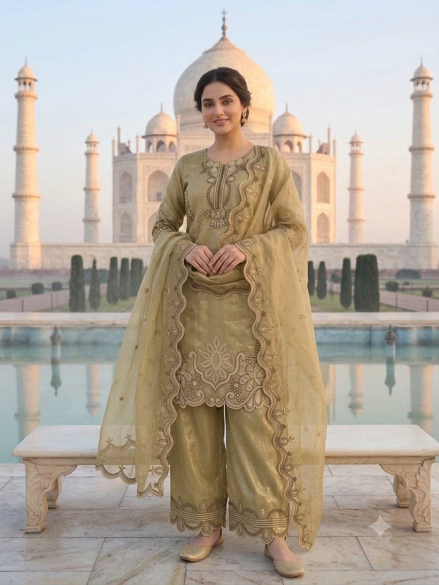 Elegant Beige Embroidered Crunchy Silk 3-Piece Salwar Suit with Cutwork Details