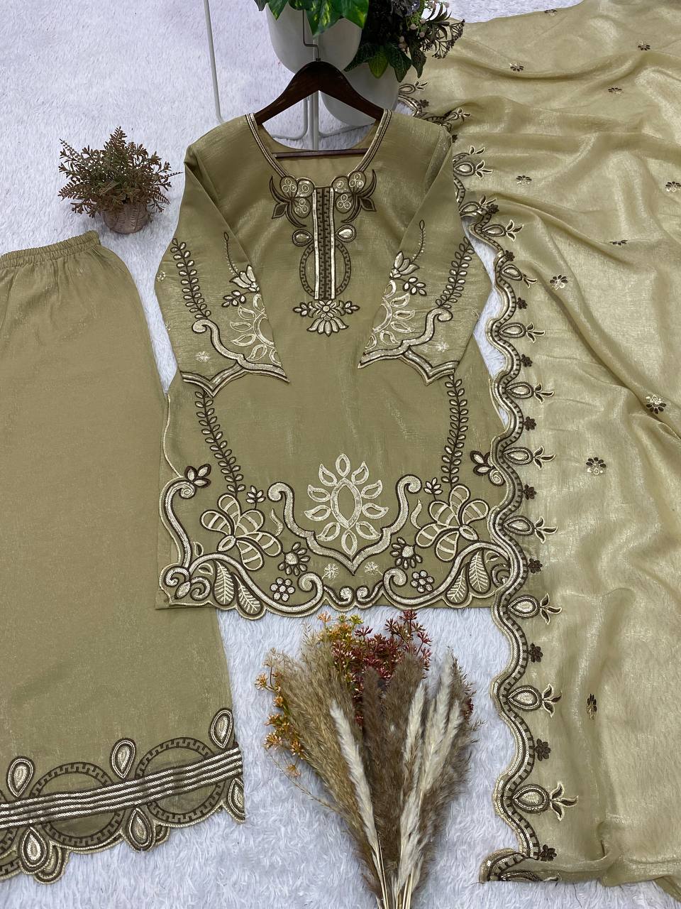 Elegant Beige Embroidered Crunchy Silk 3-Piece Salwar Suit with Cutwork Details