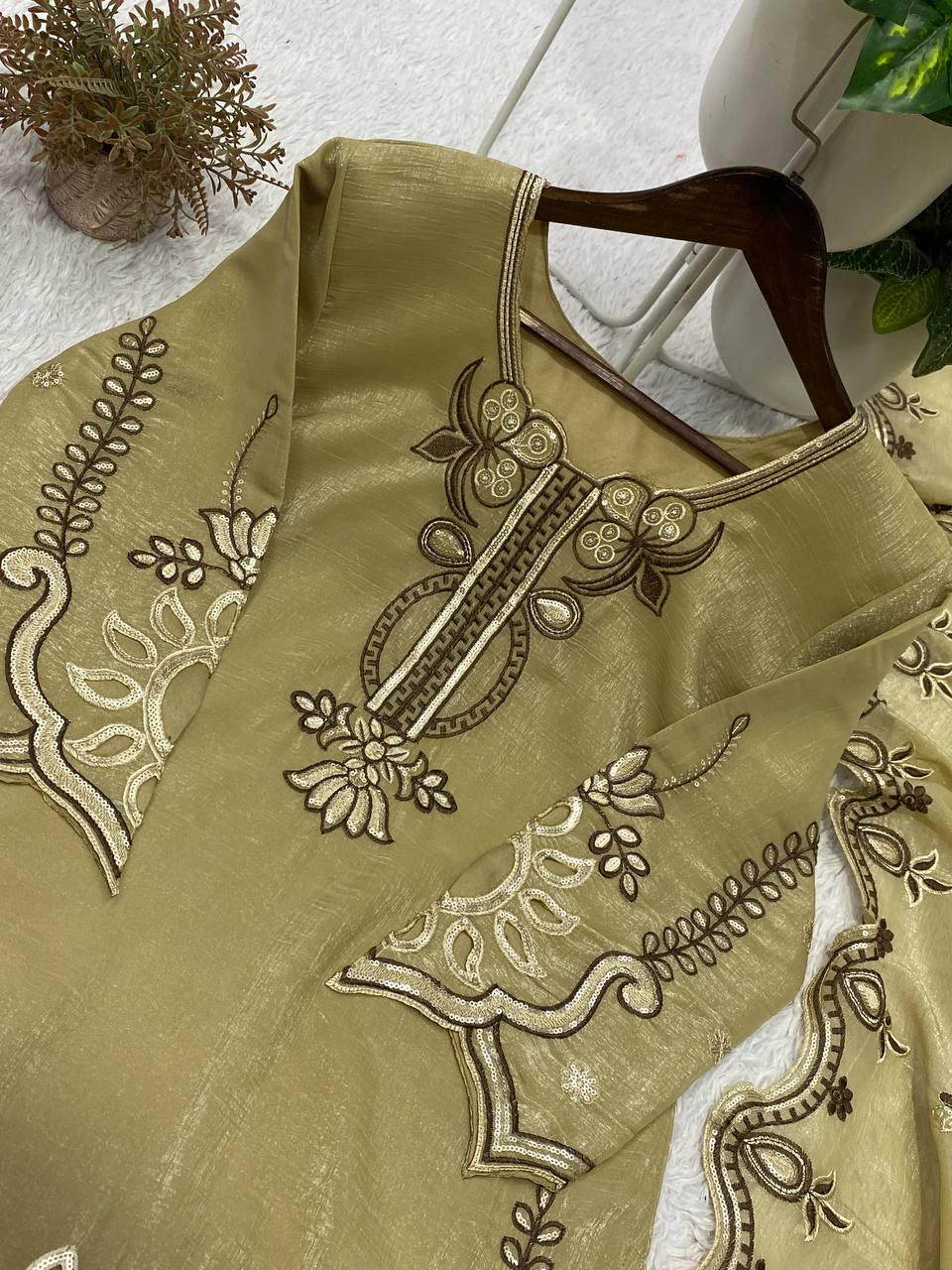 Elegant Beige Embroidered Crunchy Silk 3-Piece Salwar Suit with Cutwork Details