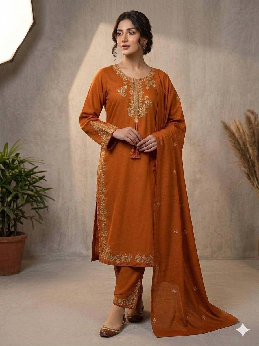 Rust Orange Three-Piece Ethnic Suit Set with Intricate Neckline Embroidery