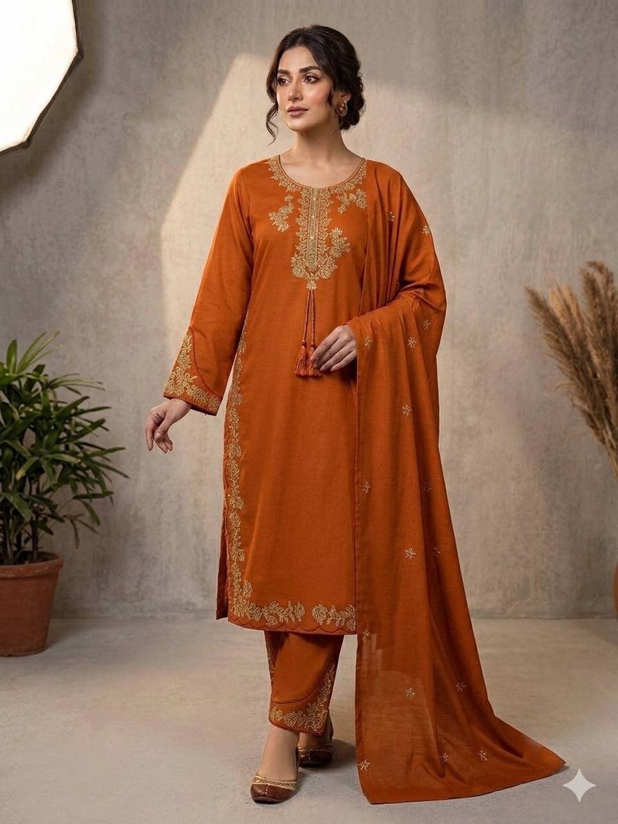 Rust Orange Three-Piece Ethnic Suit Set with Intricate Neckline Embroidery