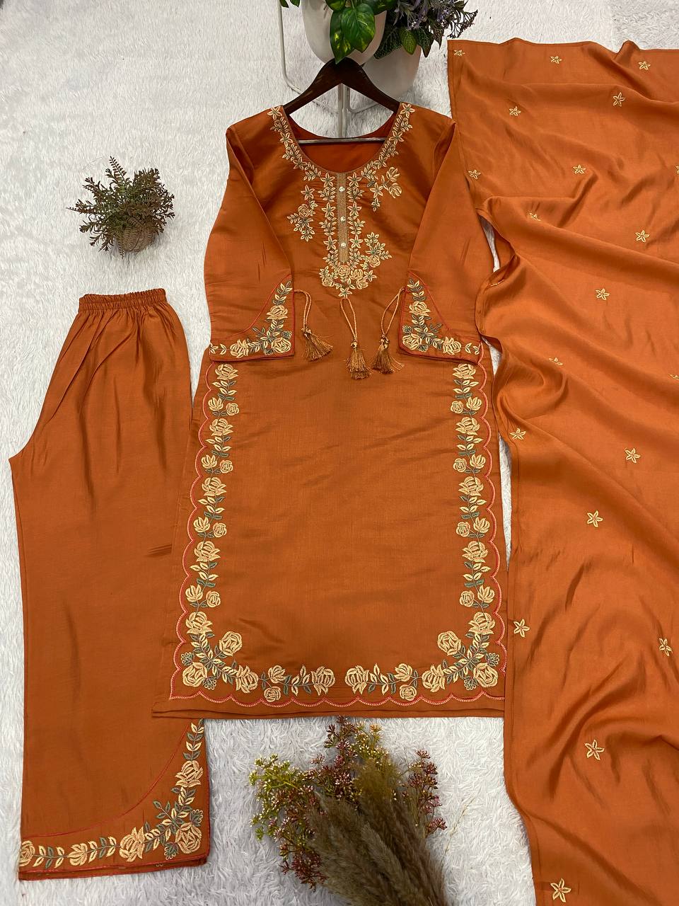 Rust Orange Three-Piece Ethnic Suit Set with Intricate Neckline Embroidery