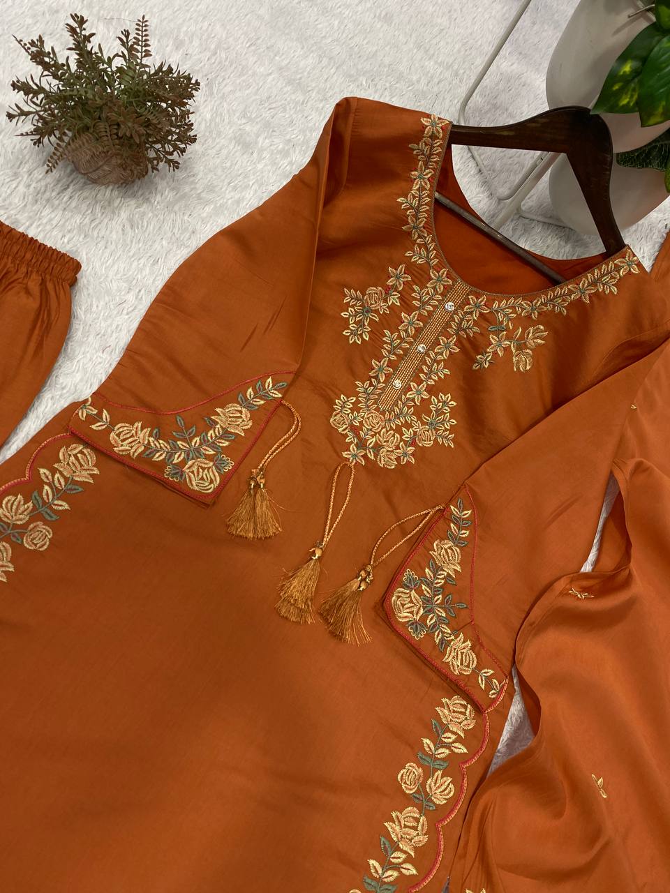Rust Orange Three-Piece Ethnic Suit Set with Intricate Neckline Embroidery
