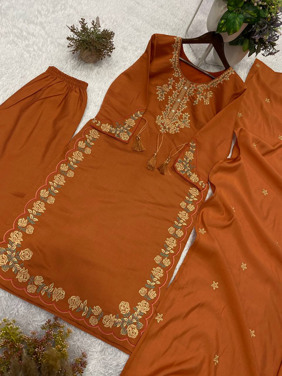 Rust Orange Three-Piece Ethnic Suit Set with Intricate Neckline Embroidery