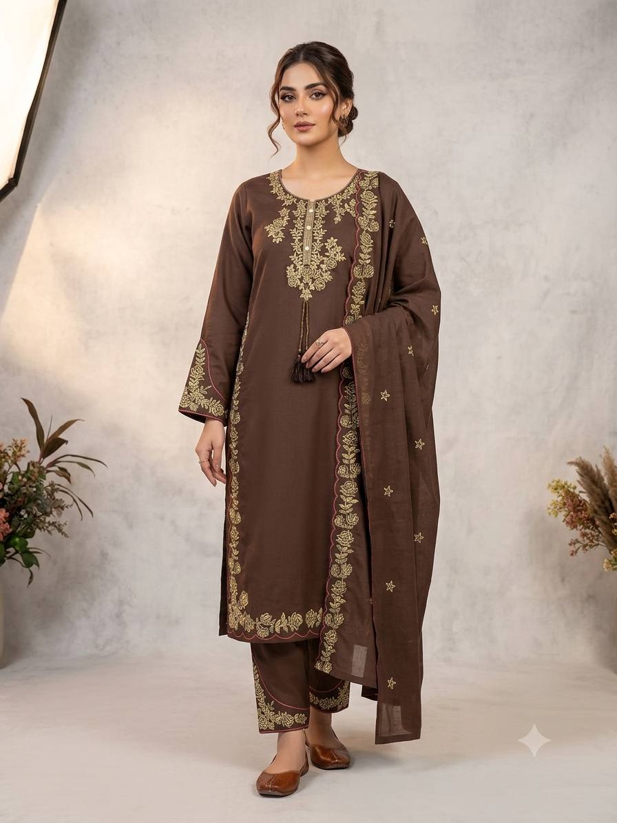 Elegant Designer Three-Piece Ethnic Suit Set with Intricate Neckline Embroidery
