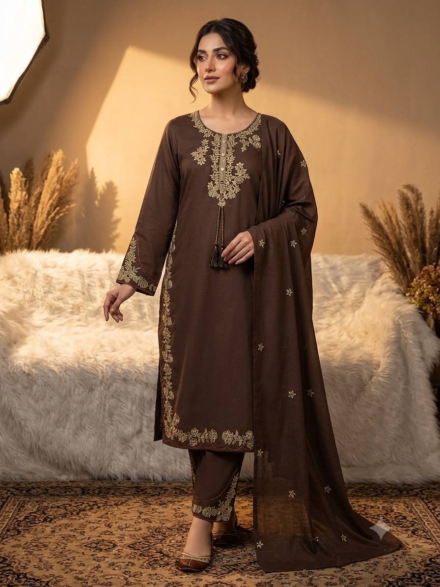 Elegant Designer Three-Piece Ethnic Suit Set with Intricate Neckline Embroidery