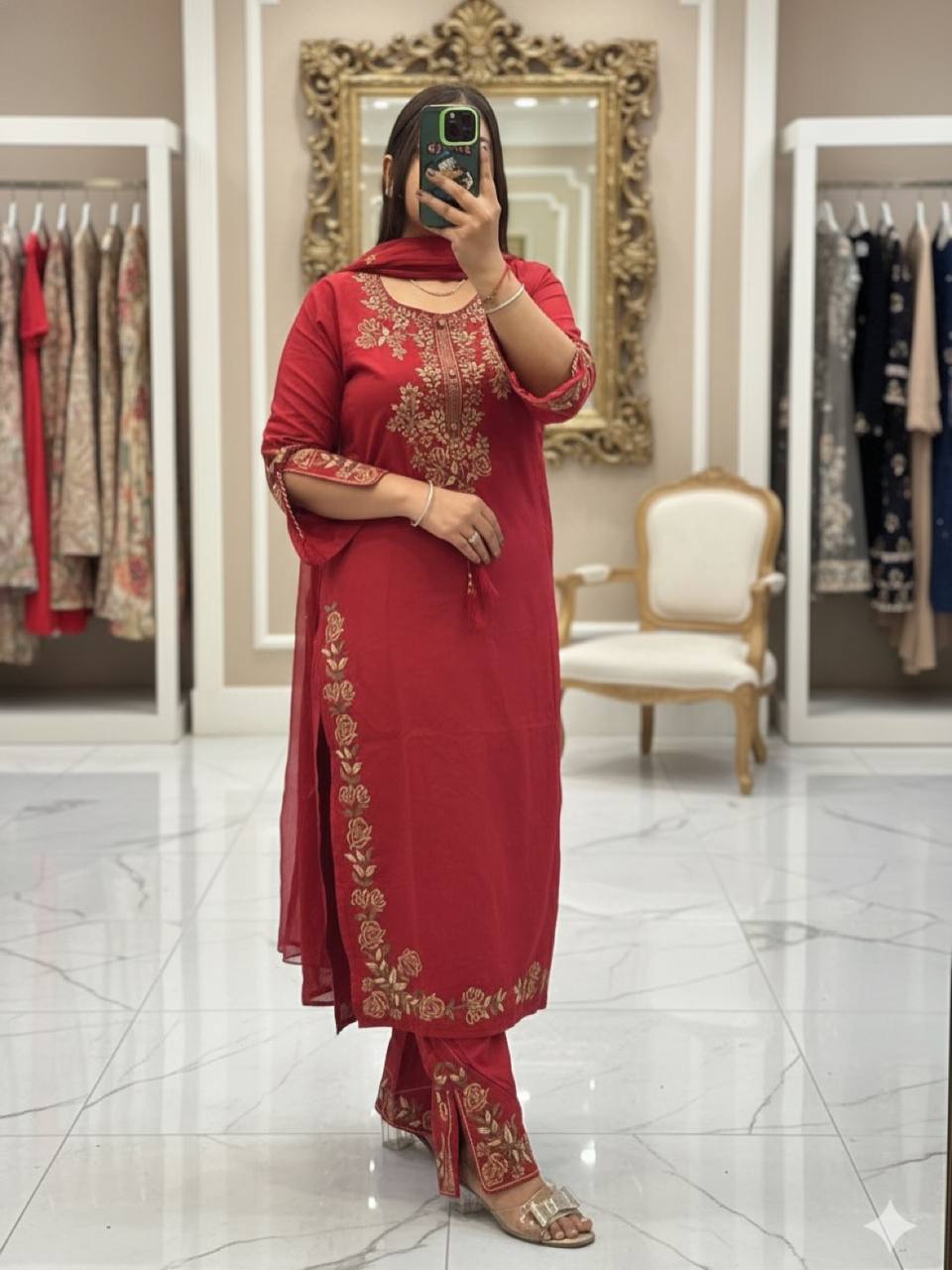 Elegant Designer Three-Piece Ethnic Suit Set with Intricate Neckline Embroidery
