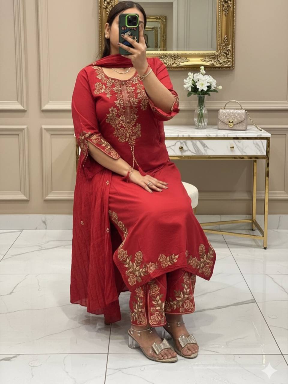 Elegant Designer Three-Piece Ethnic Suit Set with Intricate Neckline Embroidery