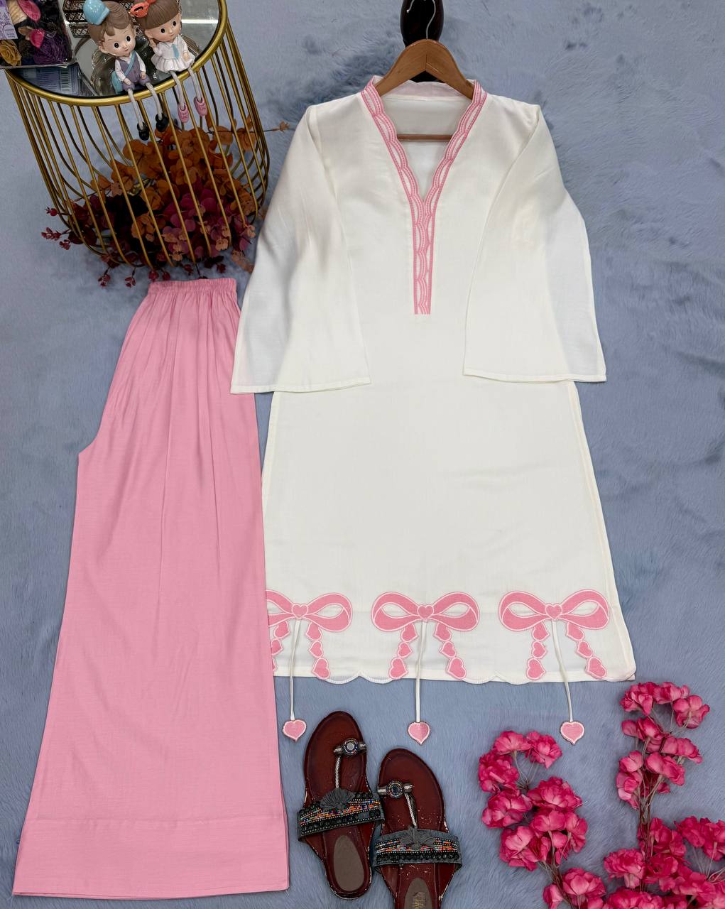 Designer Party Wear Roman Silk Top & Palazzo Set