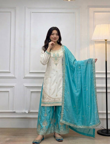 Designer Pure Chinon Silk Party Wear Top with Handcrafted Mirror Work Palazzo & Dupatta