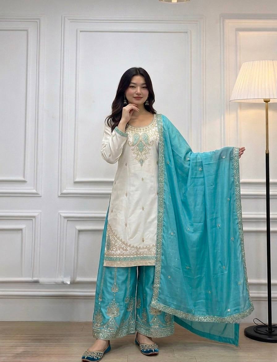 Designer Pure Chinon Silk Party Wear Top with Handcrafted Mirror Work Palazzo & Dupatta