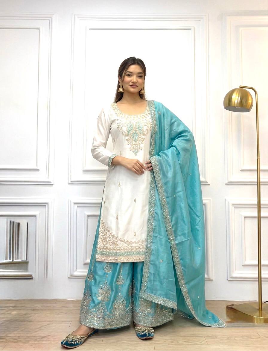 Designer Pure Chinon Silk Party Wear Top with Handcrafted Mirror Work Palazzo & Dupatta