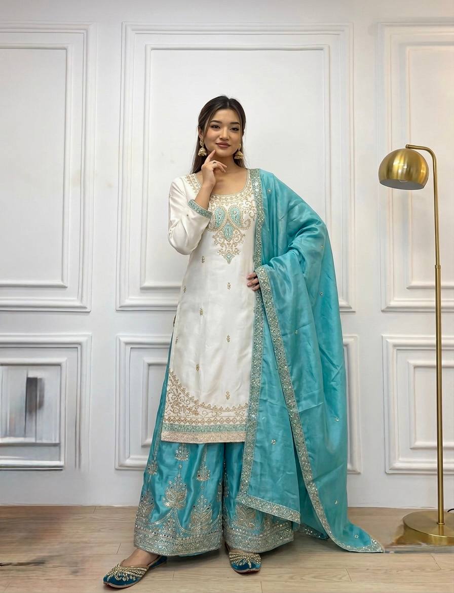 Designer Pure Chinon Silk Party Wear Top with Handcrafted Mirror Work Palazzo & Dupatta