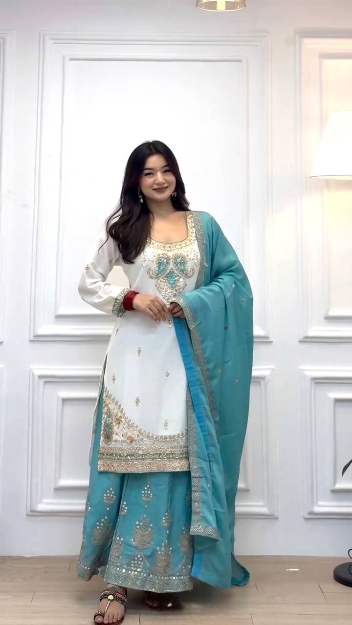 Designer Pure Chinon Silk Party Wear Top with Handcrafted Mirror Work Palazzo & Dupatta