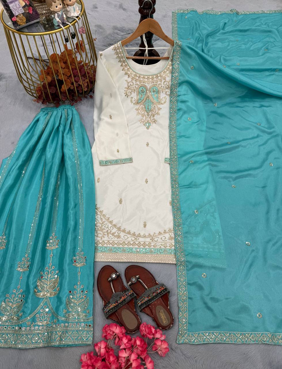 Designer Pure Chinon Silk Party Wear Top with Handcrafted Mirror Work Palazzo & Dupatta