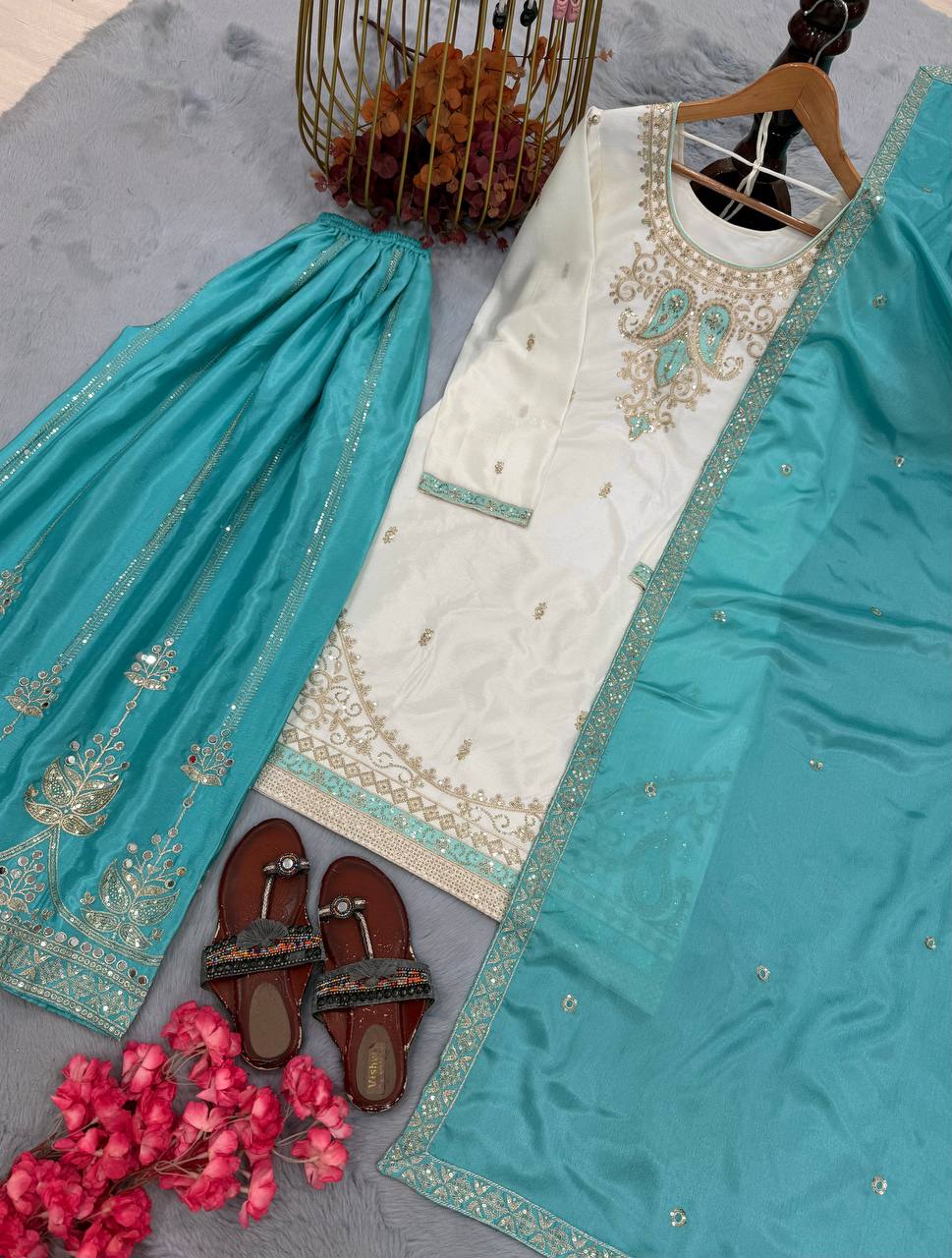 Designer Pure Chinon Silk Party Wear Top with Handcrafted Mirror Work Palazzo & Dupatta
