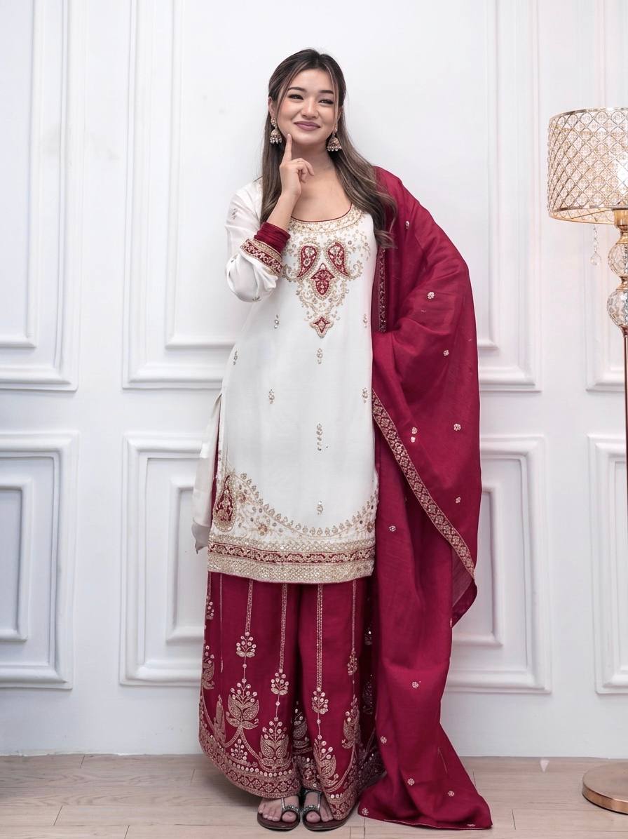 Pure Chinon Silk Party Wear Top with Hand Mirror Work Palazzo & Dupatta