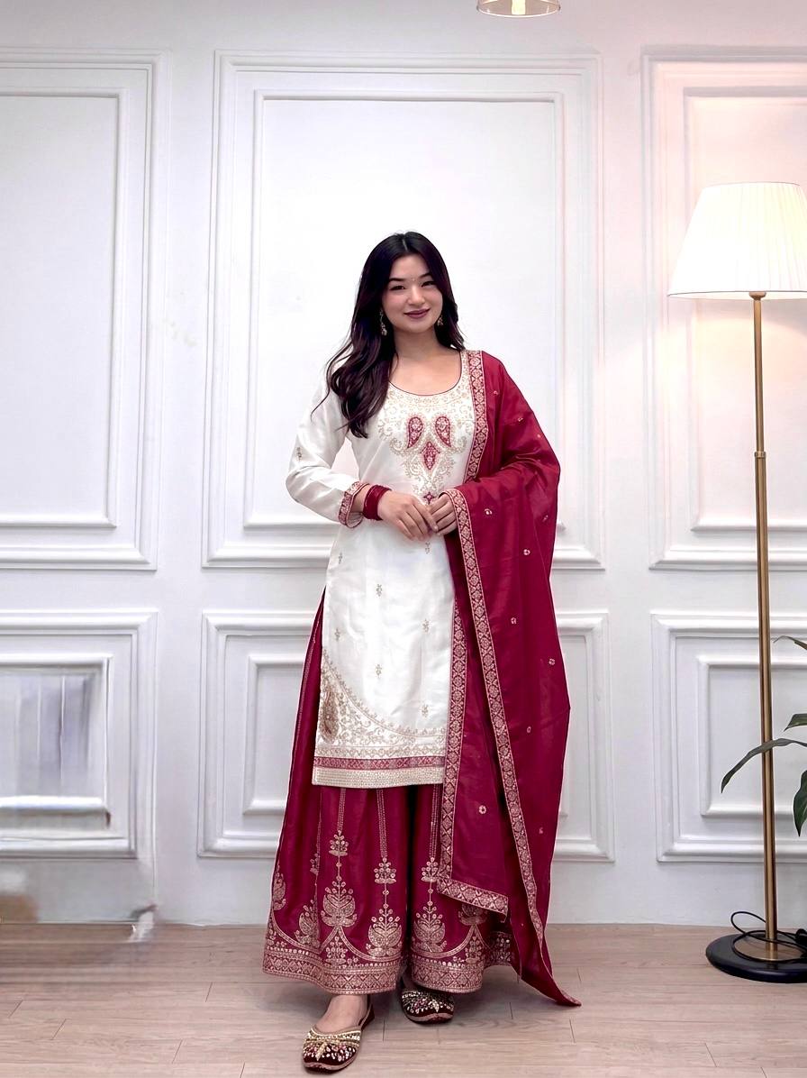 Pure Chinon Silk Party Wear Top with Hand Mirror Work Palazzo & Dupatta