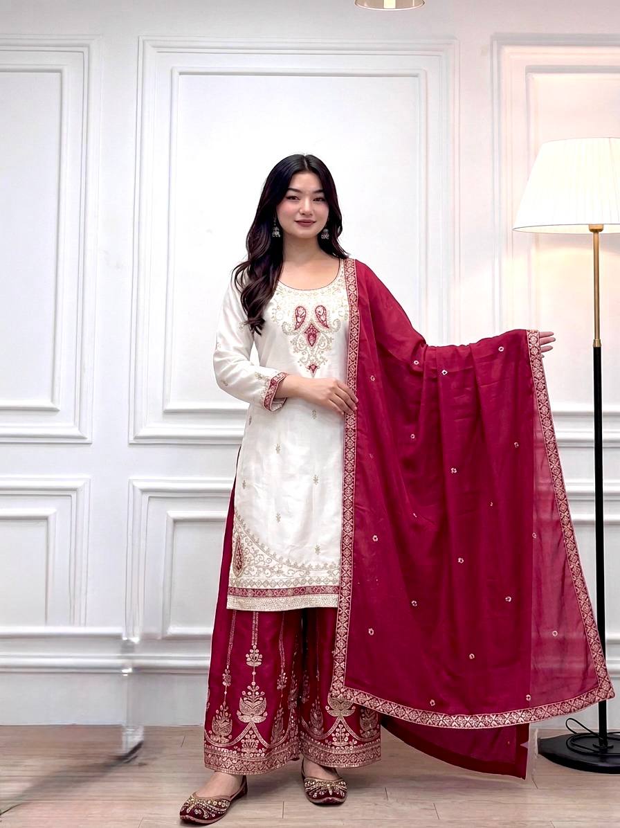 Pure Chinon Silk Party Wear Top with Hand Mirror Work Palazzo & Dupatta