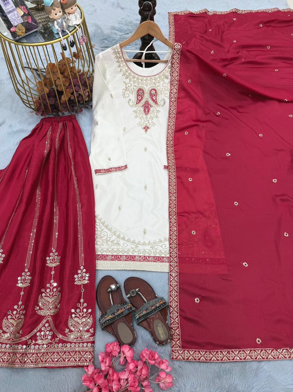 Pure Chinon Silk Party Wear Top with Hand Mirror Work Palazzo & Dupatta