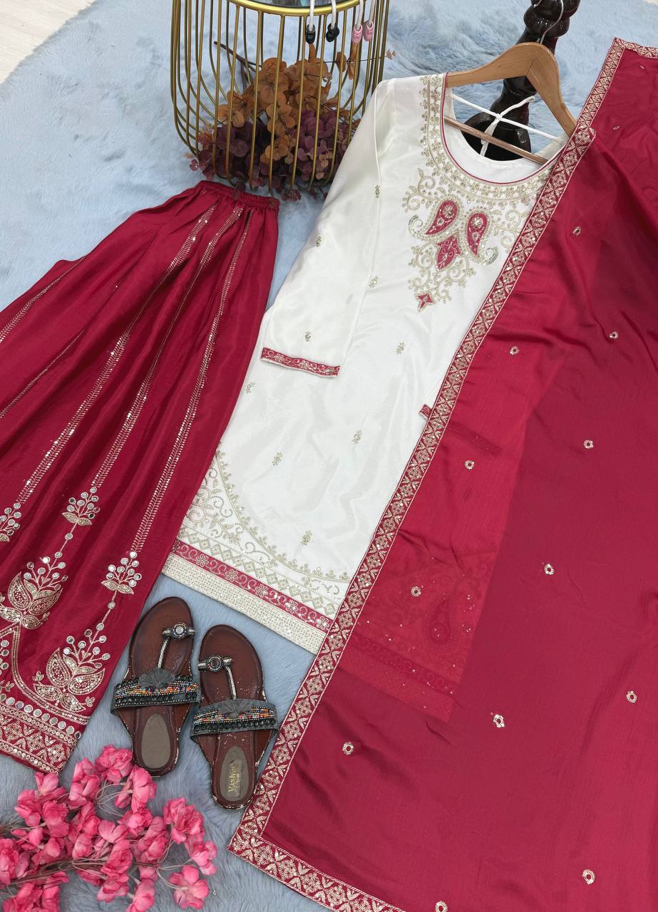 Pure Chinon Silk Party Wear Top with Hand Mirror Work Palazzo & Dupatta