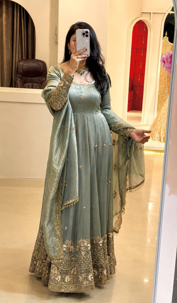 Designer Crunchy Silk Embroidered Gown Set