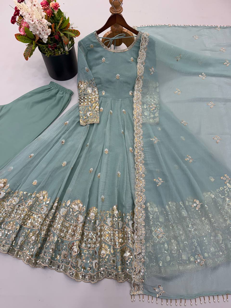 Designer Crunchy Silk Embroidered Gown Set