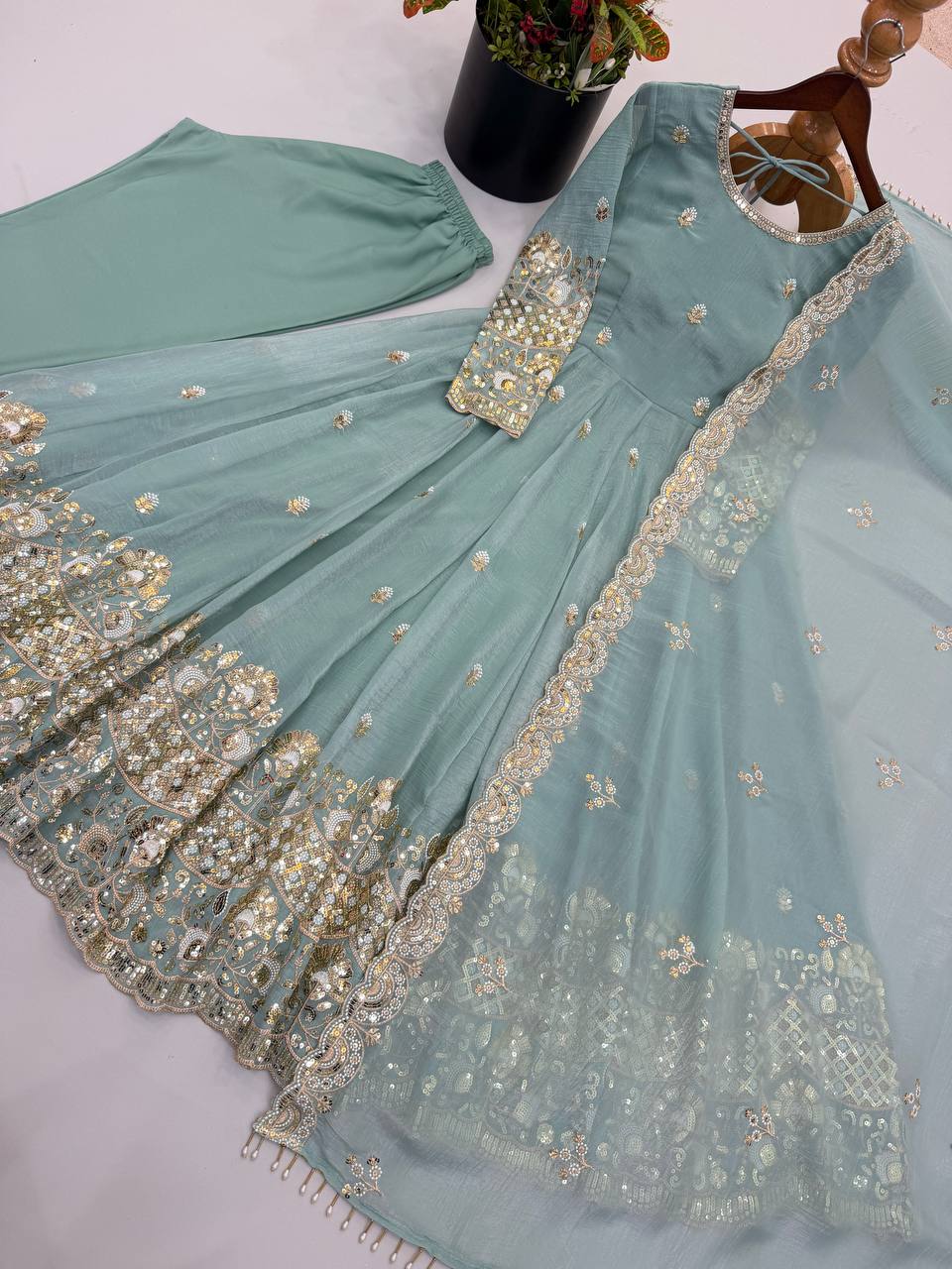 Designer Crunchy Silk Embroidered Gown Set