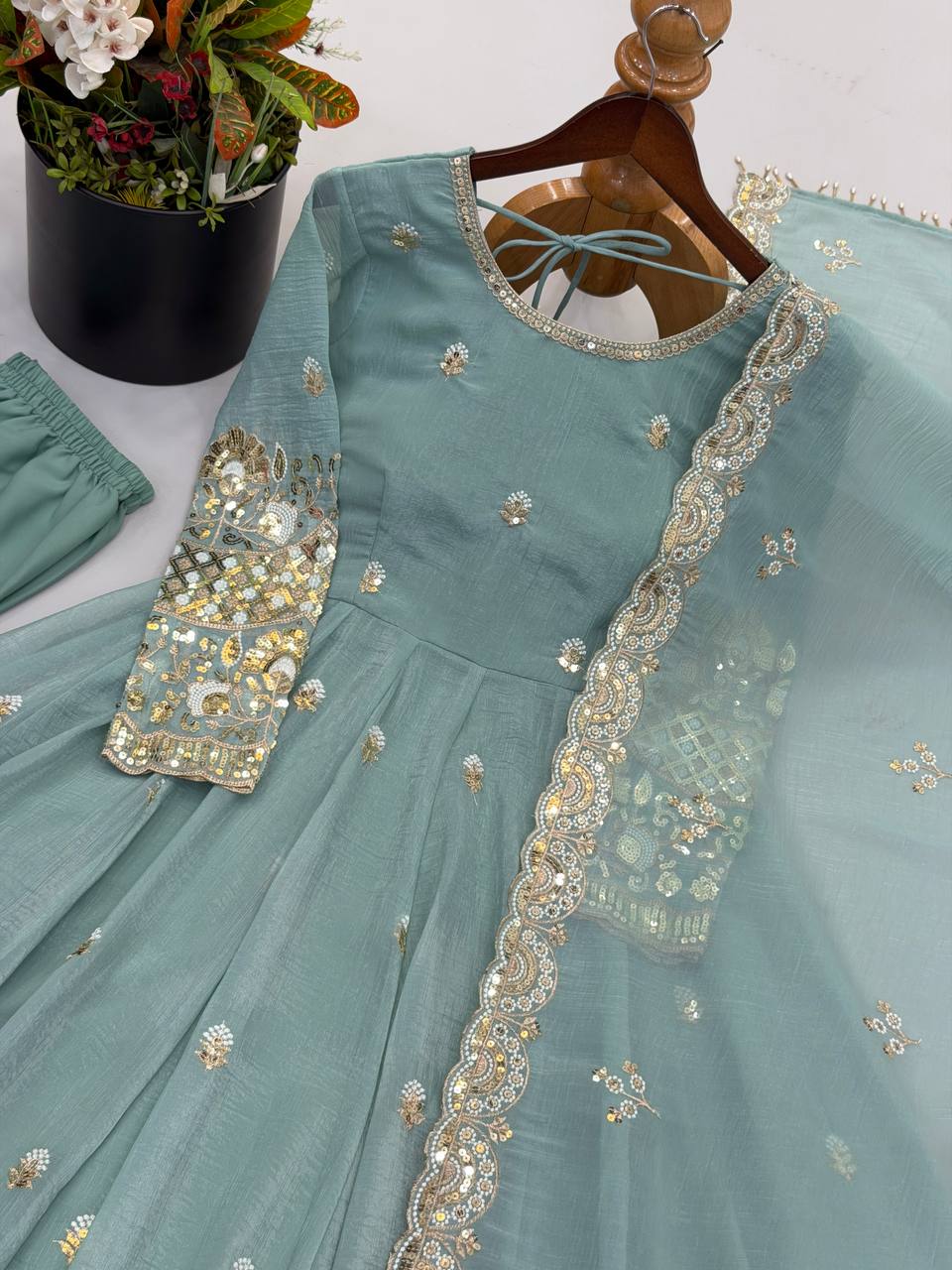 Designer Crunchy Silk Embroidered Gown Set