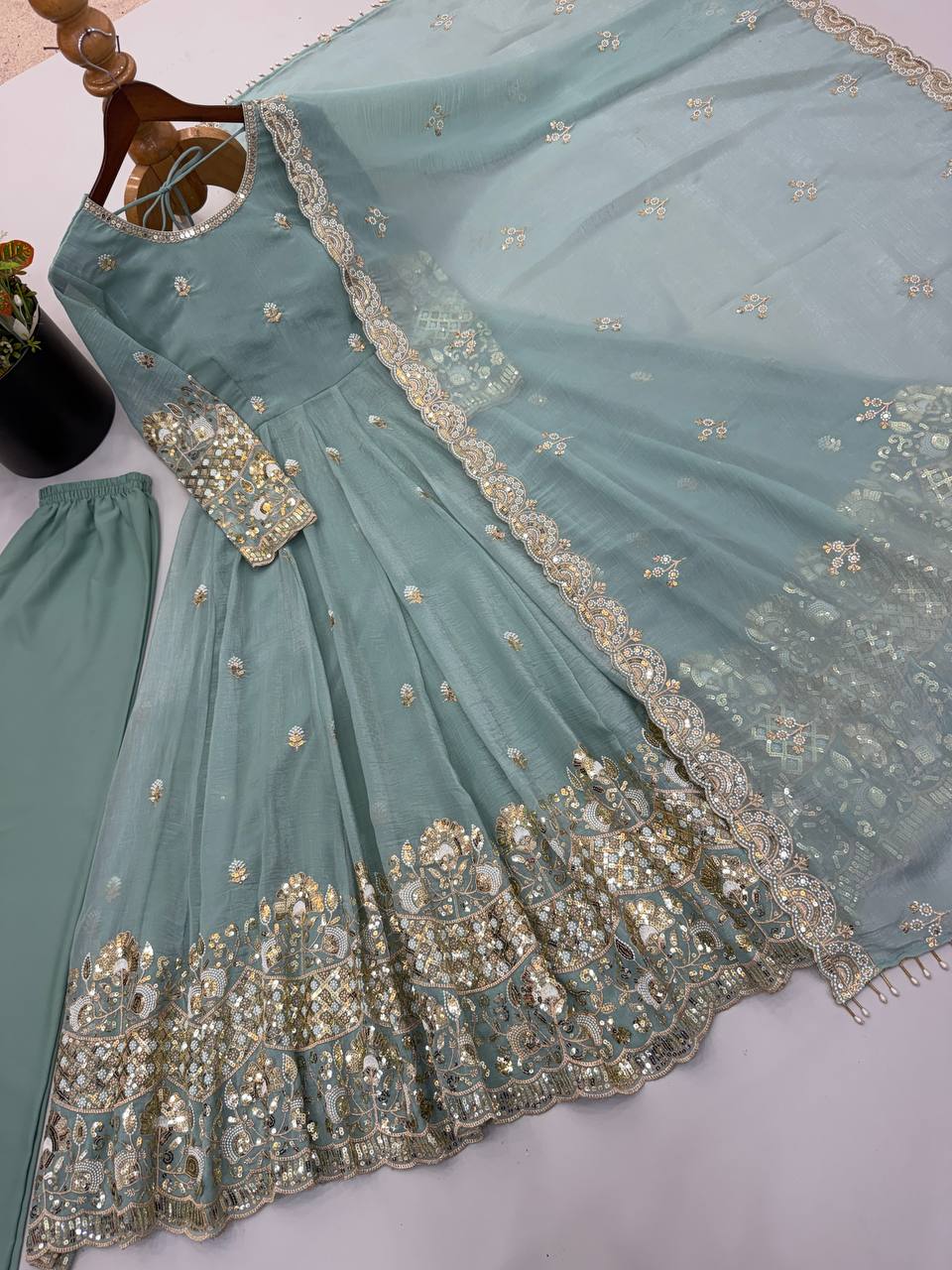 Designer Crunchy Silk Embroidered Gown Set