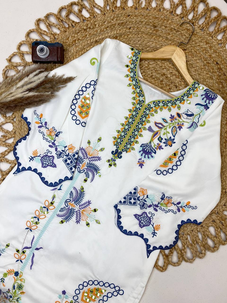 Real Mirror Work Embroidered Kurti Pant With Dupatta