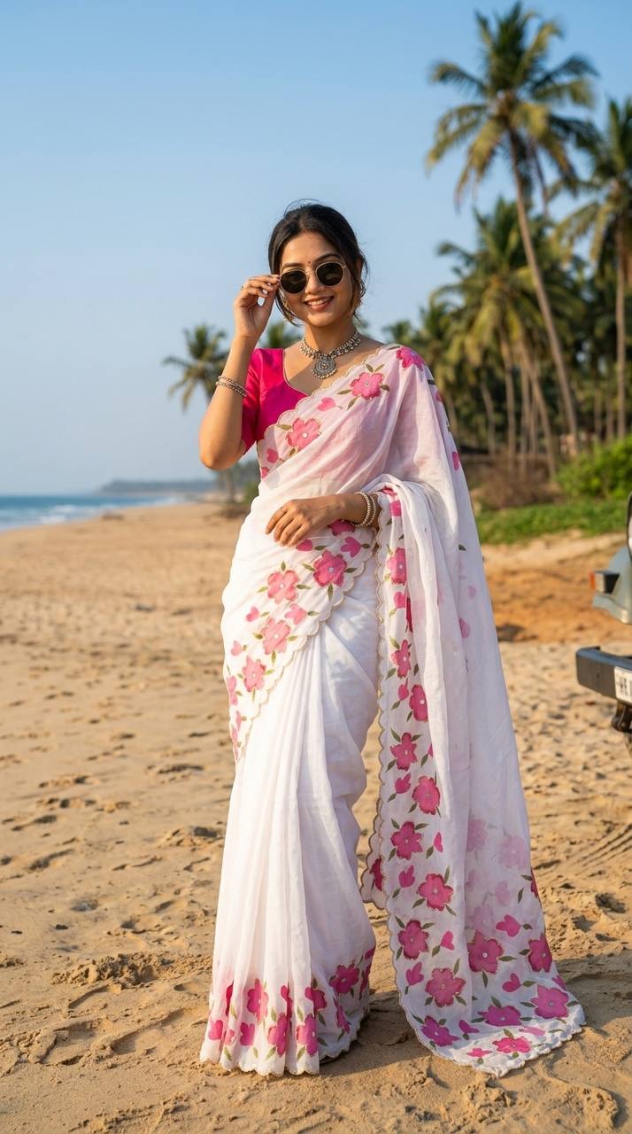 Luxury Floral Printed Saree With Intricate Handwork &amp; Cut Dana Designer Blouse