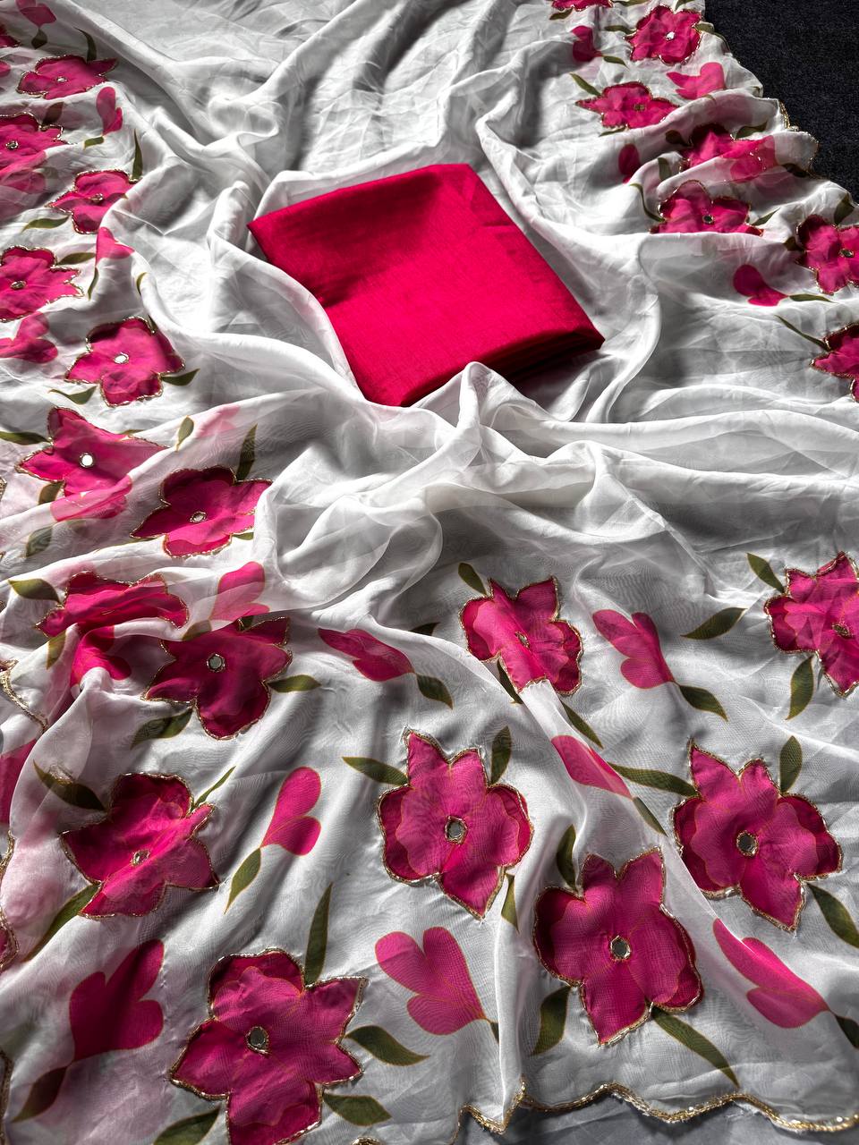 Luxury Floral Printed Saree With Intricate Handwork &amp; Cut Dana Designer Blouse