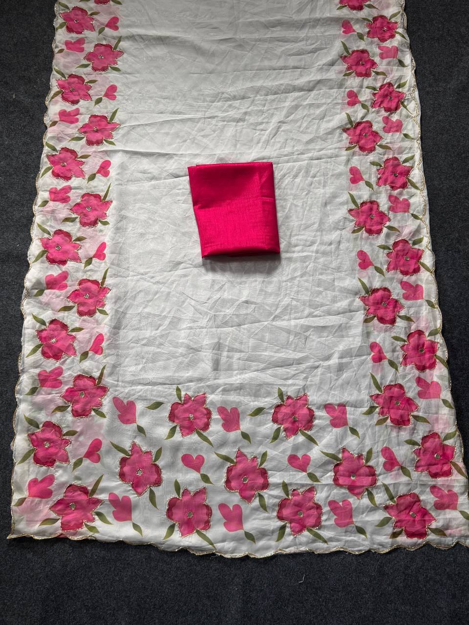 Luxury Floral Printed Saree With Intricate Handwork &amp; Cut Dana Designer Blouse