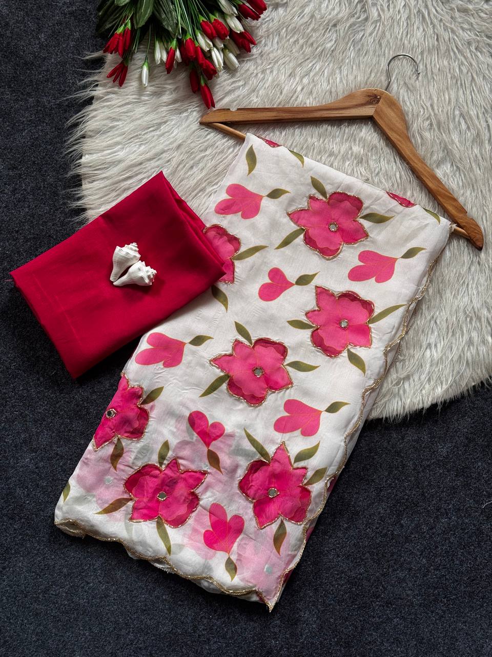 Luxury Floral Printed Saree With Intricate Handwork &amp; Cut Dana Designer Blouse