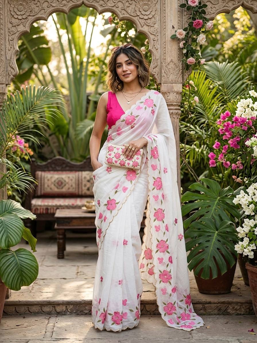 Luxury Floral Printed Saree With Intricate Handwork &amp; Cut Dana Designer Blouse