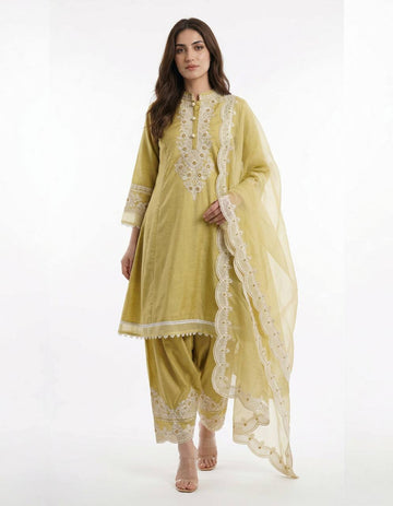 Designer Embroidered Roman Top, Salwaar & Organza Dupatta Set