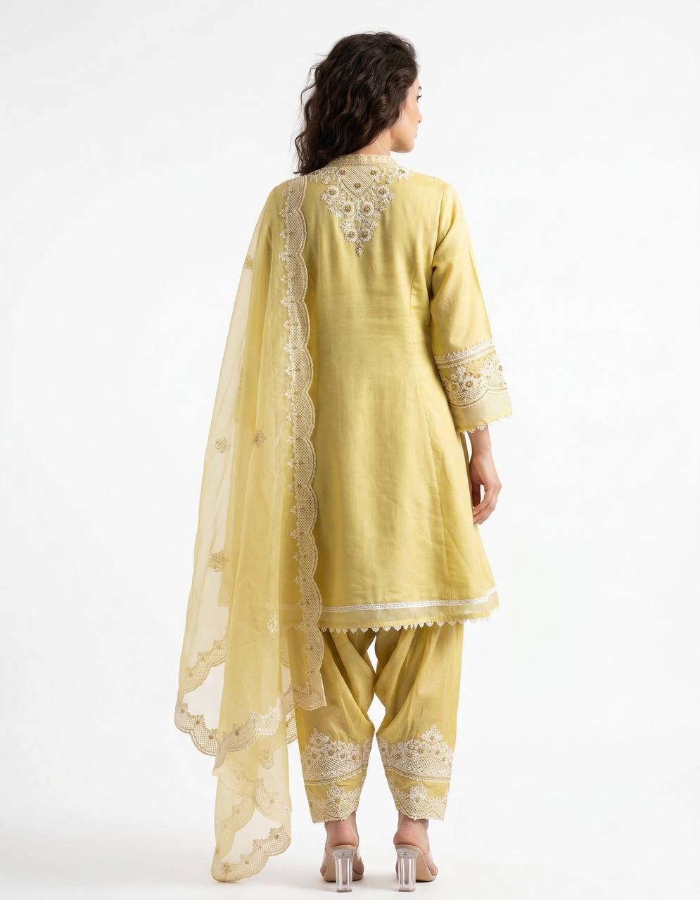 Designer Embroidered Roman Top, Salwaar & Organza Dupatta Set