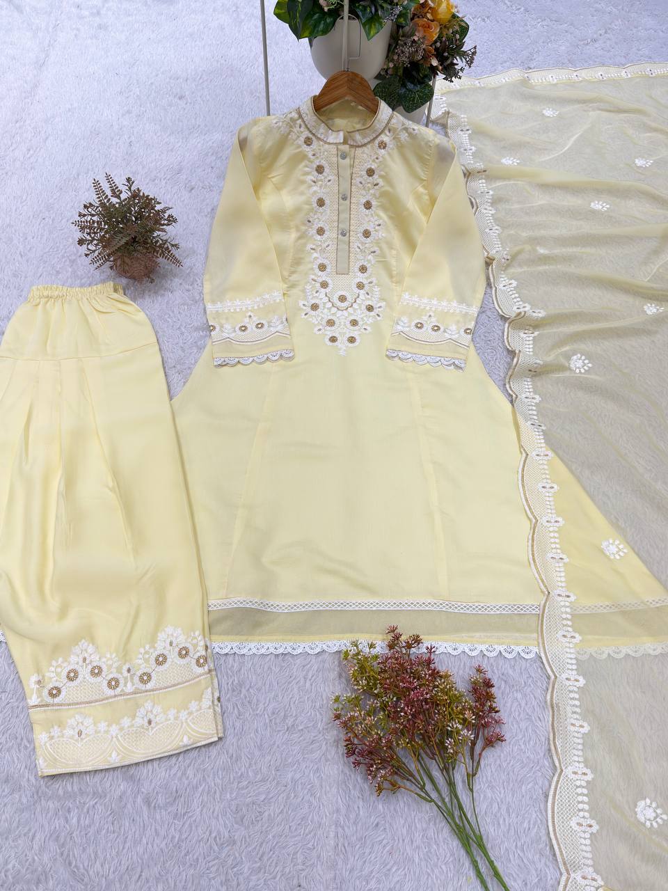 Designer Embroidered Roman Top, Salwaar & Organza Dupatta Set
