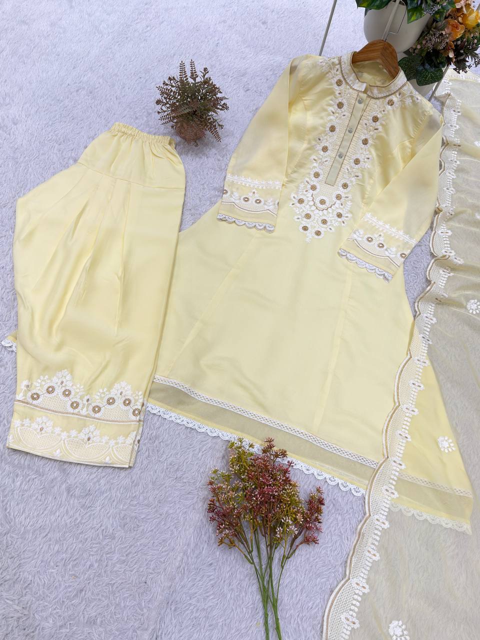 Designer Embroidered Roman Top, Salwaar & Organza Dupatta Set