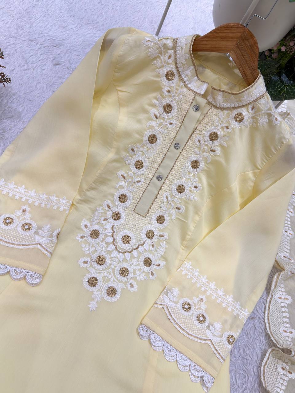 Designer Embroidered Roman Top, Salwaar & Organza Dupatta Set