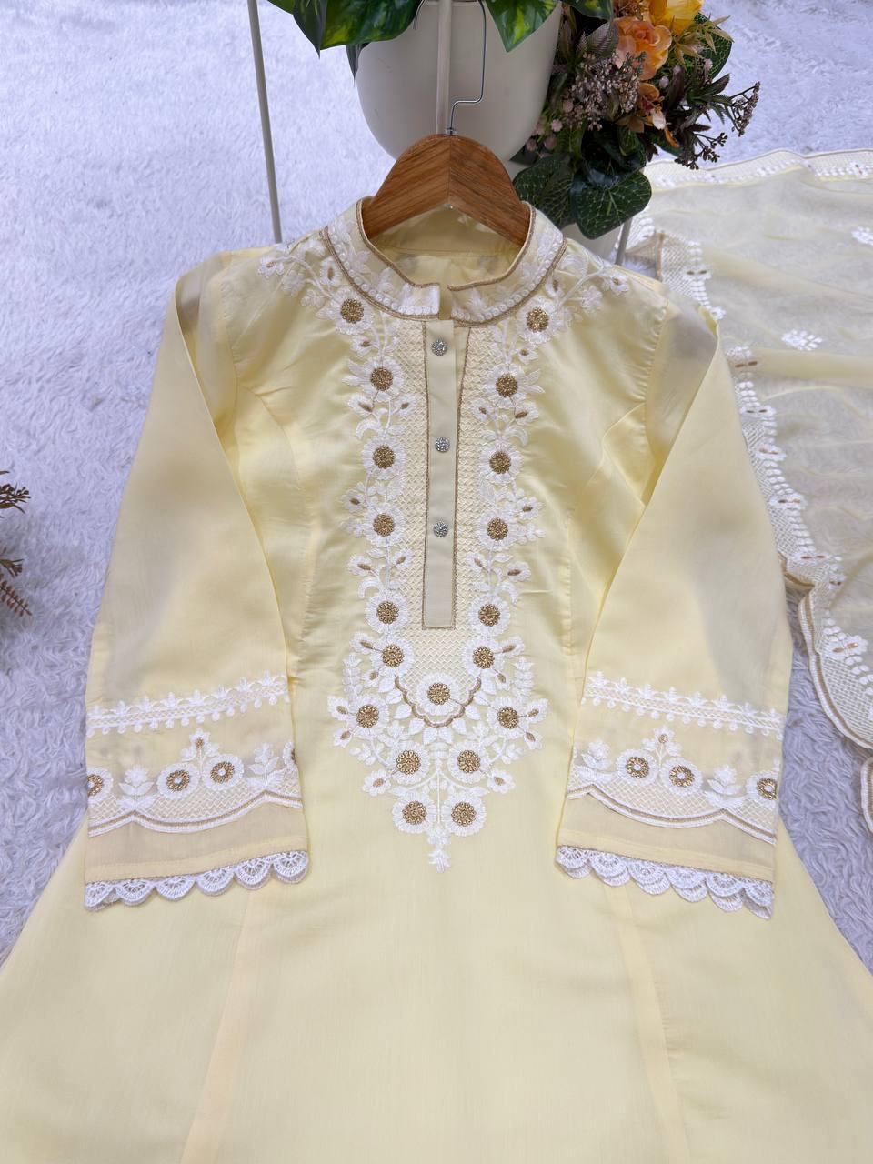 Designer Embroidered Roman Top, Salwaar & Organza Dupatta Set