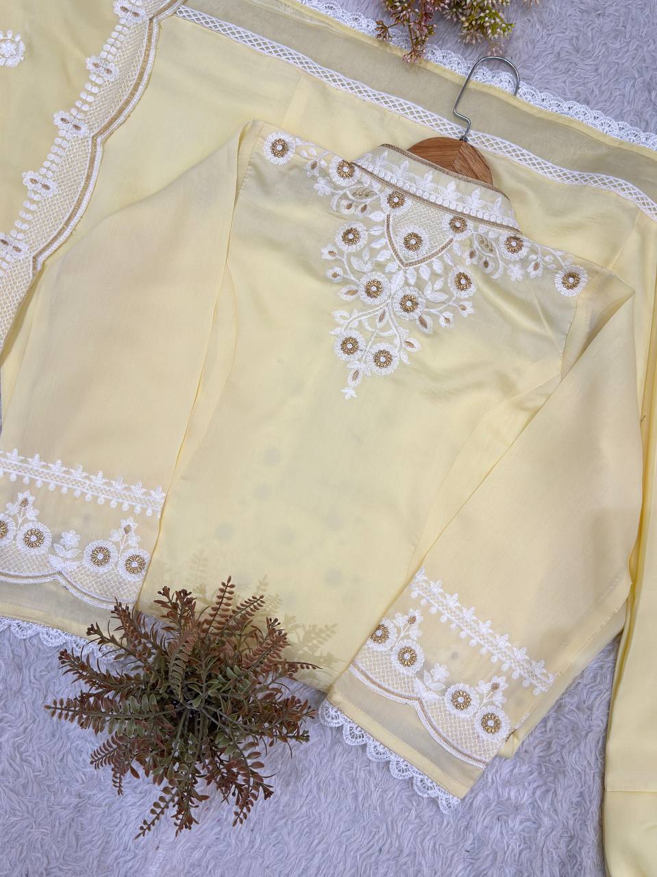 Designer Embroidered Roman Top, Salwaar & Organza Dupatta Set