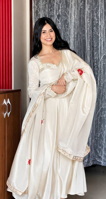 Premium Upada Silk Embroidered Gown Set with Pant &amp; Dupatta