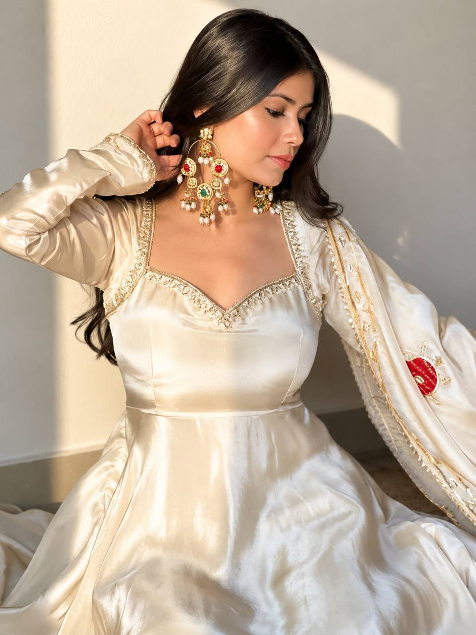 Premium Upada Silk Embroidered Gown Set with Pant &amp; Dupatta