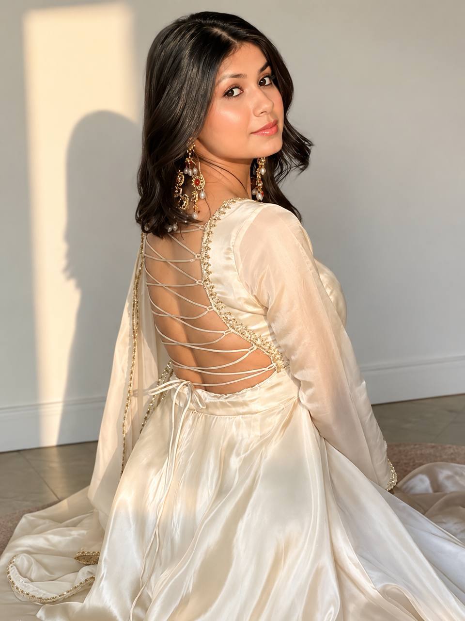 Premium Upada Silk Embroidered Gown Set with Pant &amp; Dupatta