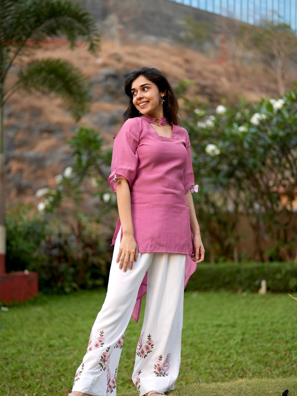 Designer Pure Roman Silk 3-Piece Party Wear Set with Tassel Sleeves & Metal Ring Dupatta