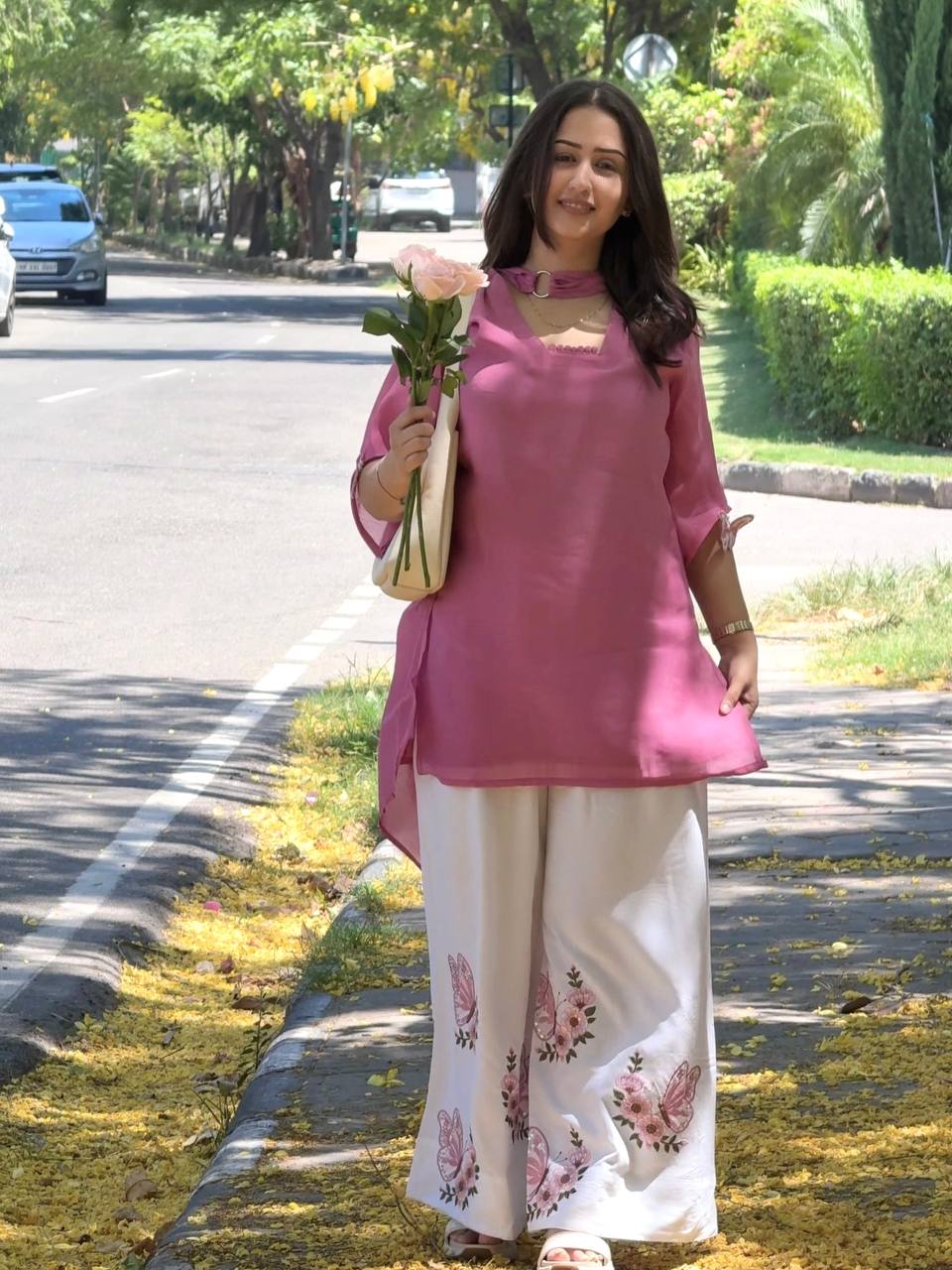 Designer Pure Roman Silk 3-Piece Party Wear Set with Tassel Sleeves & Metal Ring Dupatta