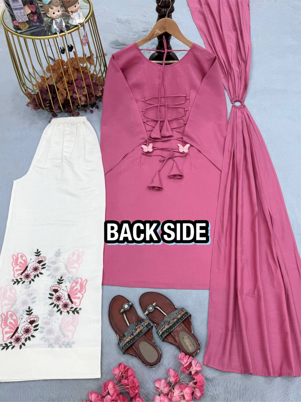 Designer Pure Roman Silk 3-Piece Party Wear Set with Tassel Sleeves & Metal Ring Dupatta