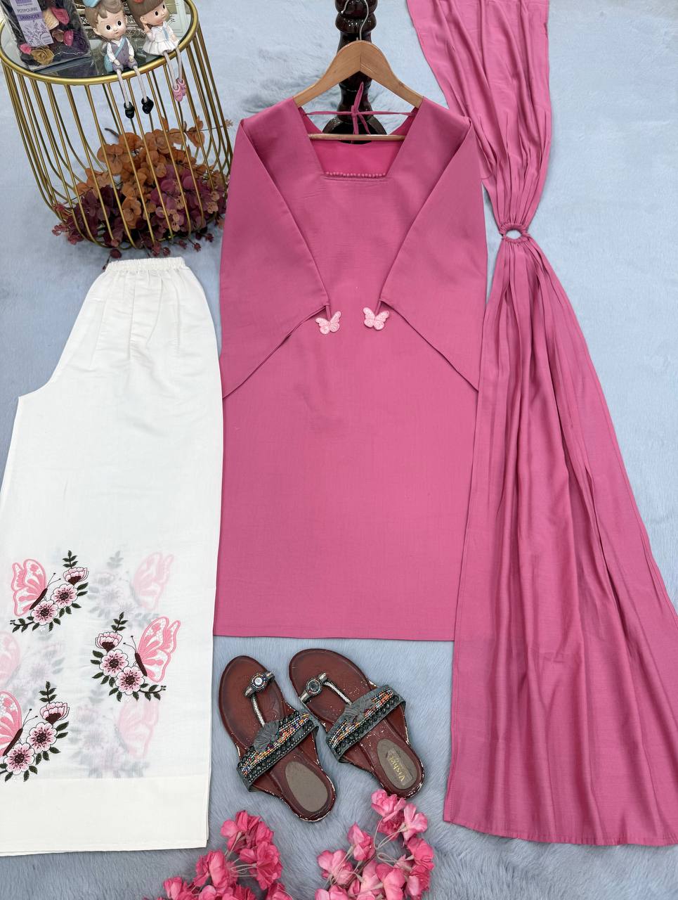 Designer Pure Roman Silk 3-Piece Party Wear Set with Tassel Sleeves & Metal Ring Dupatta